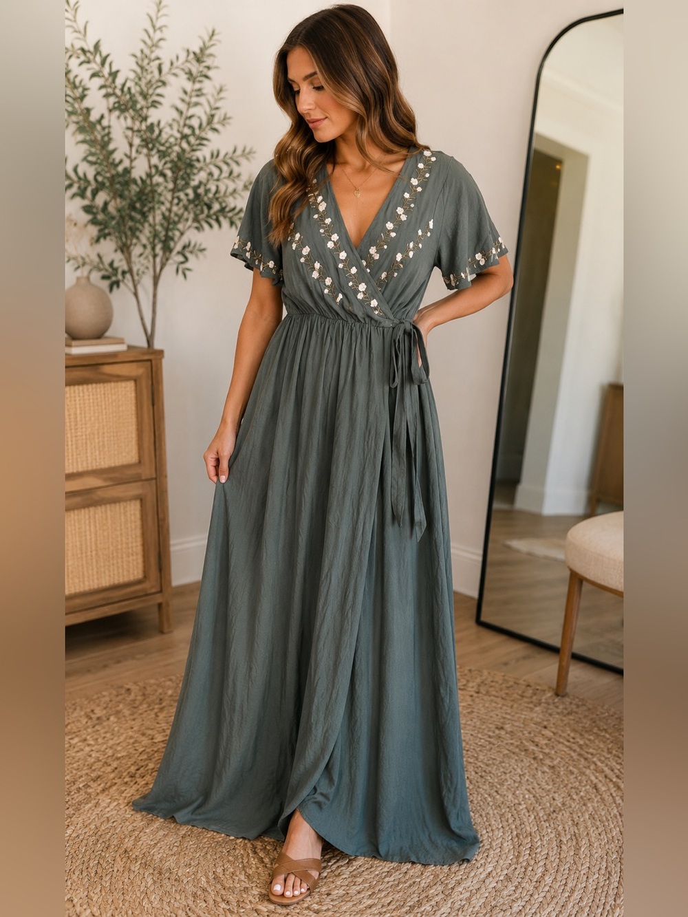 Sage Gray Embroidered Wrap Maxi Dress Floral Tie Waist Boho cottagecore Small